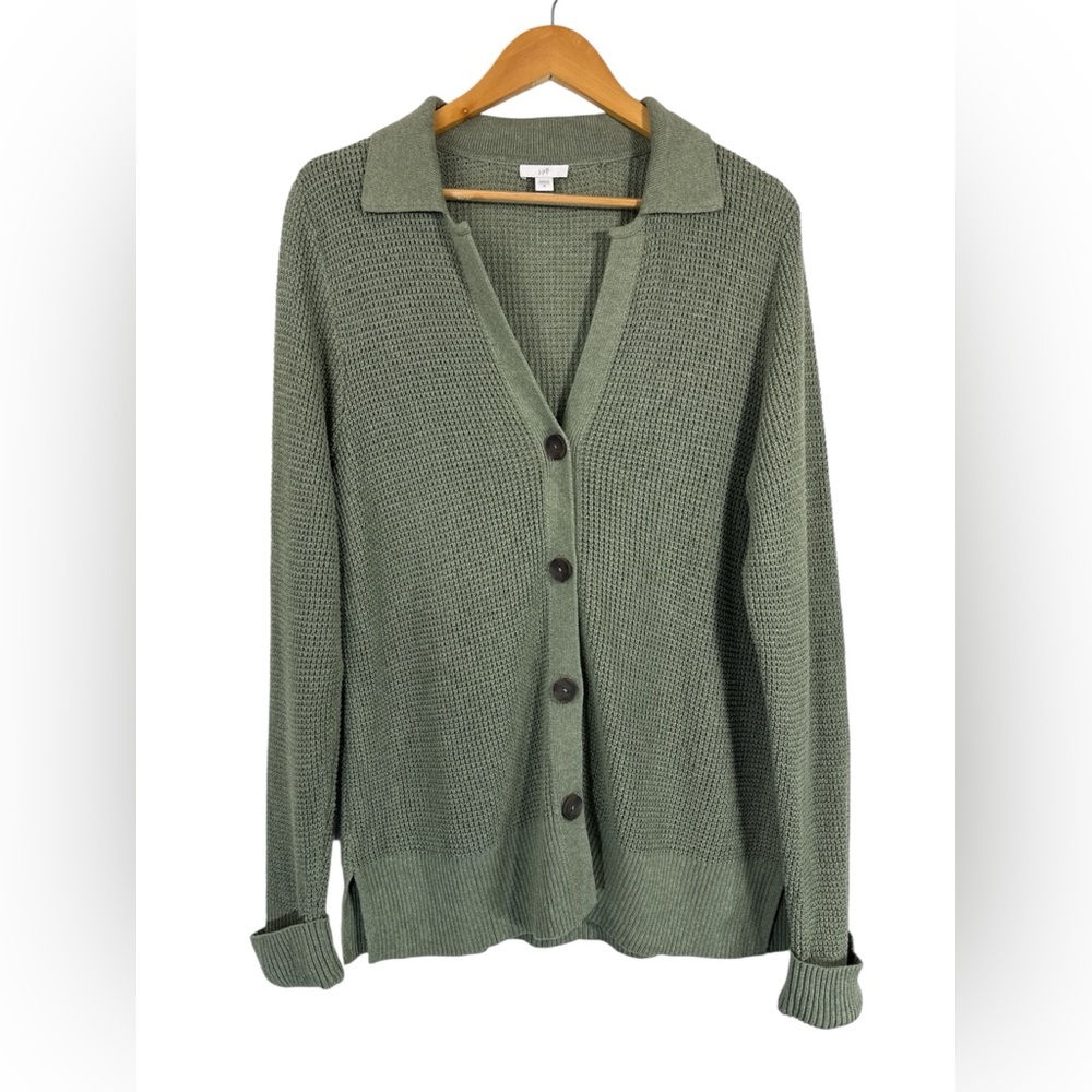 J. Jill Olive Green Waffle Knit Button Front Cardigan